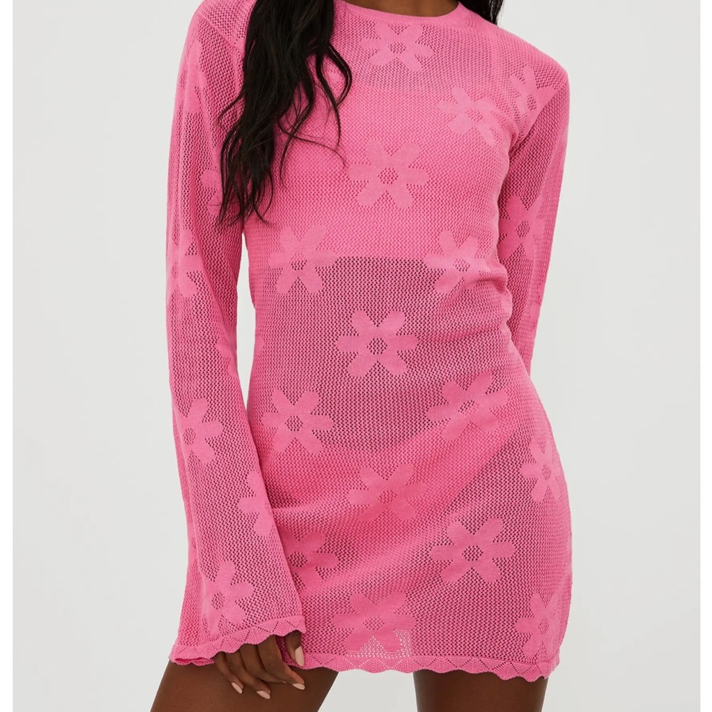 ๐ธ BEACH RIOT Libbi Long Sleeve Pink Cotton Cover-Up Flower Embroidery Dress ๐ธ - Picture 2 of 9